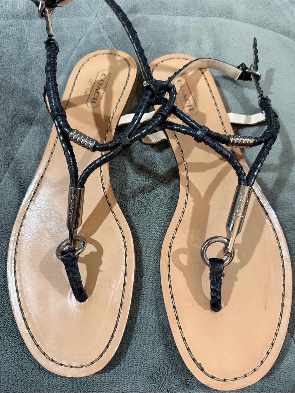COACH Steel Grey Braided Leather T-Strap Sandals with Silver Accents